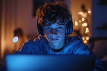 portrait of teenage boy playing video games online on laptop with wireless headset at night in dimly