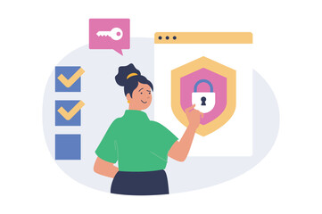 Poster - Cyber security concept in modern flat design for web. Woman using many step authentication with safety password access for protection her online account and private information. Vector illustration.