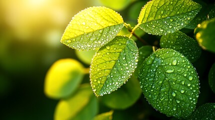 Wall Mural - Close-up of green leaves with water drops, illuminated by warm sunlight.