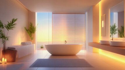 Wall Mural - Illuminated freestanding bathtub in a modern bathroom with warm lighting and sunset view