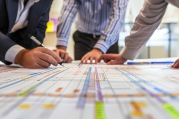 Leinwandbilder - Team collaboration at a modern office space with a detailed project management board covered in colorful sticky notes during a daytime brainstorming session
