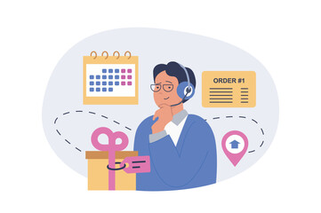 Leinwandbilder - Delivery concept in modern flat design for web. Man in headset working as operator in logistic company, gets online order with gift shipping, planning date and location point. Vector illustration.
