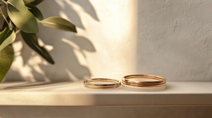 Elegant Gold Wedding Rings Resting on Wooden Surface