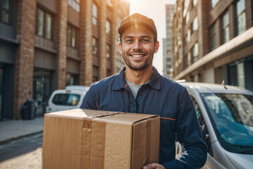 Portrait of delivery man in a blue shirt is smiling and holding a box. He is standing next to a delivery truck