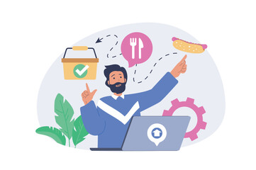 Leinwandbilder - Delivery concept in modern flat design for web. Man ordering products in internet shop, collecting online basket and paying, using express shipping parcel to client address. Vector illustration.