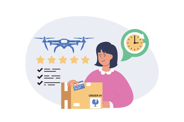 Leinwandbilder - Delivery concept in modern flat design for web. Woman receiving parcel box with aerial shipping by drone, commercial distribution with express shipment by flying courier robot. Vector illustration.