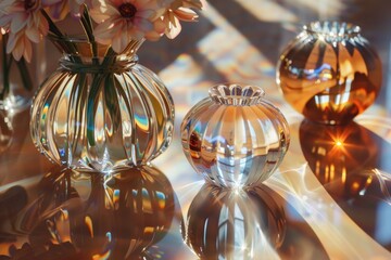 Fototapete - Reflective spheres arranged artistically in a modern urban setting under bright daylight, showcasing intricate reflections of the surrounding architecture and landscape