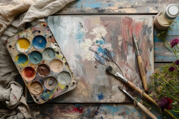Aufkleber - An artist's workspace featuring a palette of vibrant colors, brushes, and a canvas with floral patterns, showcasing creativity during a calm afternoon