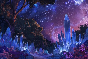 Aufkleber - A mystical crystal forest illuminated by a starry night sky with vibrant colors and enchanting atmosphere