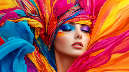 Wall Mural - Captivating woman with artistic makeup posing with closed eyes as colorful fabrics flow around her