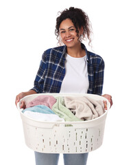 Wall Mural - Happy woman with basket full of laundry on white background