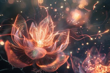 Aufkleber - Captivating ethereal flower glowing in a dreamy backdrop filled with sparkling lights and soft colors, creating a mesmerizing atmosphere of tranquility and beauty