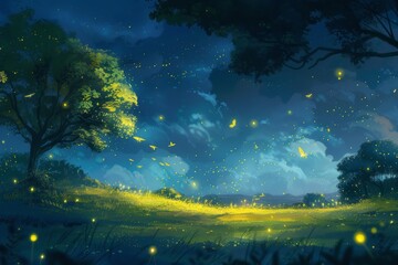 Poster - A serene night in a glowing meadow filled with fireflies under a starlit sky surrounded by trees and gently swaying grass in the quiet of summer