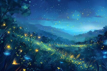 Poster - A serene night in a glowing meadow filled with fireflies under a starlit sky surrounded by trees and gently swaying grass in the quiet of summer