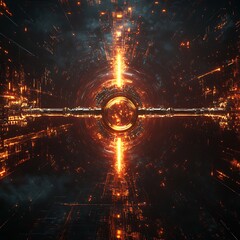 Poster - Abstract digital tunnel with glowing orange elements.