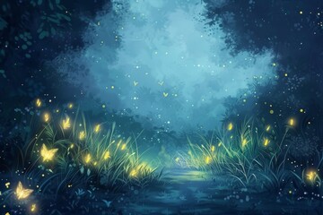 Poster - A serene night in a glowing meadow filled with fireflies under a starlit sky surrounded by trees and gently swaying grass in the quiet of summer