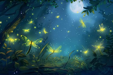 Poster - A serene night in a glowing meadow filled with fireflies under a starlit sky surrounded by trees and gently swaying grass in the quiet of summer