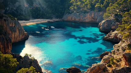 Wall Mural - secluded beach with clear turquoise water surrounded by cliffs and lush vegetation.