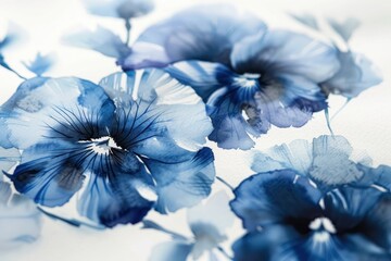 Aufkleber - Beautiful blue pansy flowers arranged artistically on a white background with water droplets and gentle splashes, showcasing their delicate petals and vibrant hues