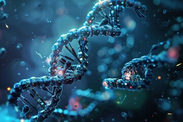 Aufkleber - A detailed visualization of DNA strands illuminated with glowing atoms, showcasing molecular interactions in a scientific setting