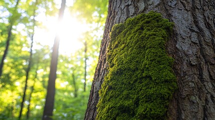 Wall Mural - Sunlight filters through the leaves of a forest, illuminating a patch of moss growing on a tree trunk.