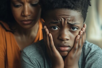 Close-up of upset African American teenage boy covering his face with hands while mature woman sitting next to him and comforting him, Generative AI