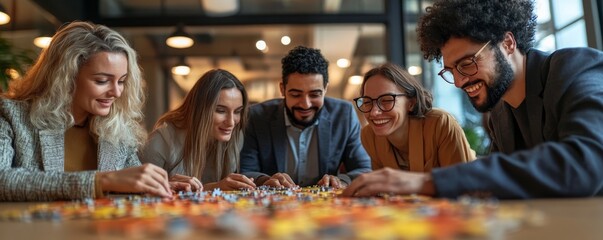 Wall Mural - Group Of Businesspeople Solving Jigsaw Puzzle, Generative AI