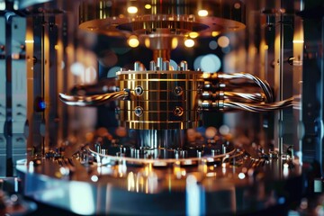 Fototapete - Intricate components of a quantum computer showcasing advanced technology and precision engineering in a laboratory setting with vibrant lighting