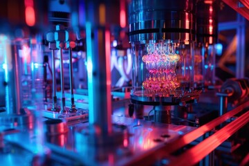 Fototapete - Intricate components of a quantum computer showcasing advanced technology and precision engineering in a laboratory setting with vibrant lighting