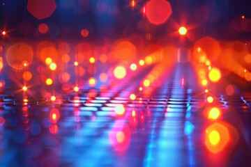 Fototapete - Vibrant light patterns illuminate a futuristic landscape with colorful reflections and dynamic shapes in an abstract digital art display