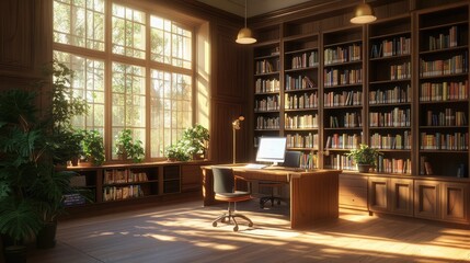 Cozy Library Space Blending Traditional and Modern Learning Environments. AI generated illustration