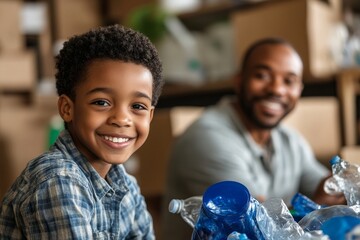 Portrait of smiling African American boy sorting plastic for recycling at home with father, Generative AI