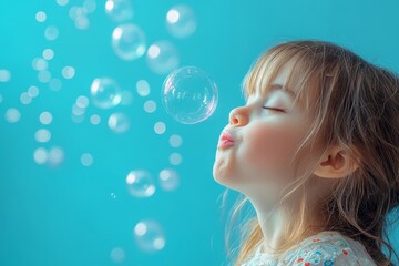 Side view portrait pf playful girl with Down syndrome blowing bubbles against blue background, Generative AI