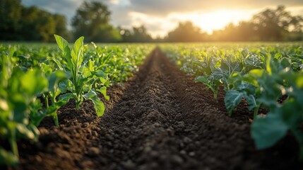 A close-up view of a field of growing green plants with rows of rich brown soil,  and a bright, warm, golden sunset in the background.