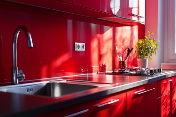 Red home kitchen interior with washbasin and stove, empty wall, Generative AI