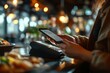 © James - Close-up of unrecognizable customer using smartphone for online payment and putting device to terminal in modern cafe, Generative AI