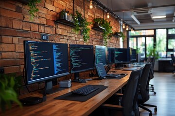 Wall Mural - interior of empty modern software developer office with computers on desk programming language on sc