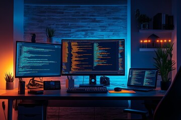 Wall Mural - still-life shot of software developer workspace with computer and laptop monitors displaying coding 