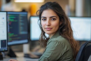 Wall Mural - portrait of calm higher-weight female middle eastern programmer in shirt of green color looking at c