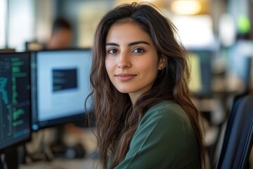 Wall Mural - portrait of calm higher-weight female middle eastern programmer in shirt of green color looking at c