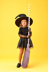 Sticker - Cute girl with broom dressed like witch on yellow background. Halloween celebration