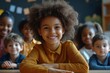 © Pooja - Group of adorable learners of nursery school sitting by table at lesson while mature African American female teacher standing by them, Generative AI