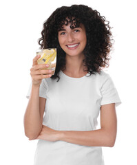 Sticker - Woman with glass of lemon water on white background