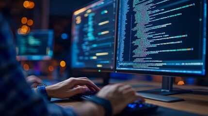 Computer Programmer Writing Program Code On Computer, Generative AI