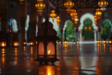 Aufkleber - A beautifully lit lantern hangs in a tranquil courtyard, casting warm light amidst intricate arches and glowing lamps during a serene evening