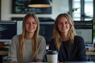 Wall Mural - portrait shot of two female higher-weight it specialists on coffee break looking at camera while sit