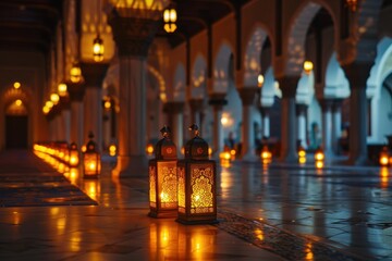 Aufkleber - A beautifully lit lantern hangs in a tranquil courtyard, casting warm light amidst intricate arches and glowing lamps during a serene evening