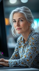 Wall Mural - vertical shot of thoughtful female senior it specialist reading computer screen while typing script 
