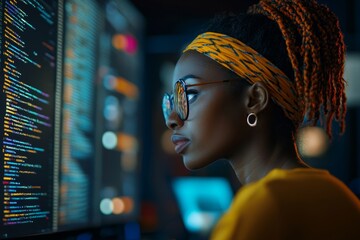 Wall Mural - high-angle side view shot of african american female programmer working on computer reading multiple