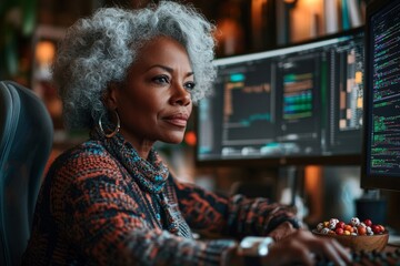 Wall Mural - high-angle shot of thoughtful female african american senior it specialist reading computer screen, 